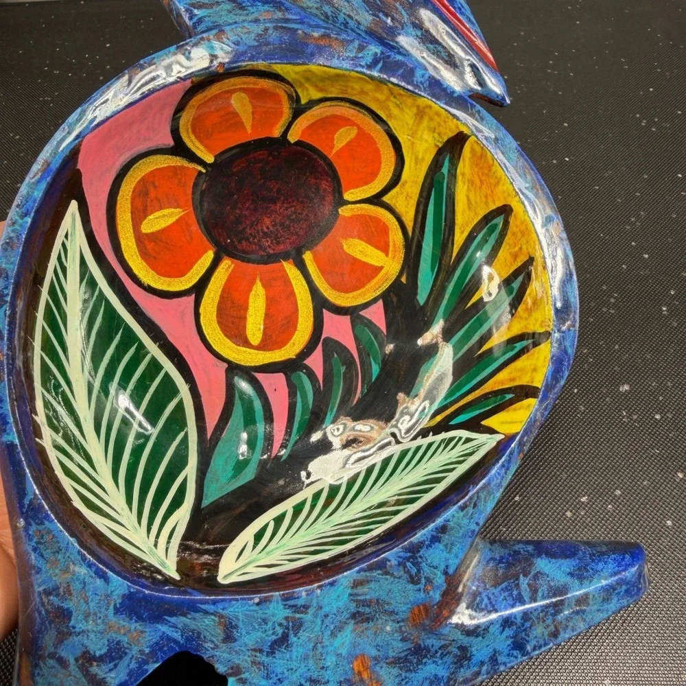 Vintage Hand Painted Wooden Pelican Bowl Floral Folk‎ Art Blue Decorative Dish